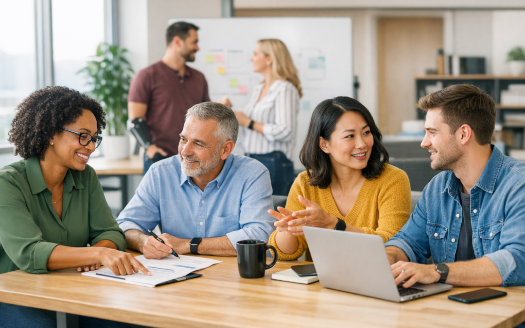 A diverse group of employees collaborating around a table in a modern office, discussing documents and working together on a project.