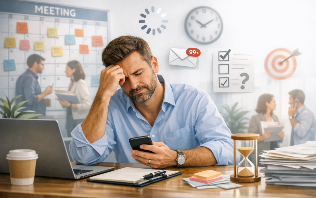 A stressed office worker sitting at a desk surrounded by piles of paperwork, notification icons, a meeting board, and productivity symbols, representing workplace busyness and overwhelm.
