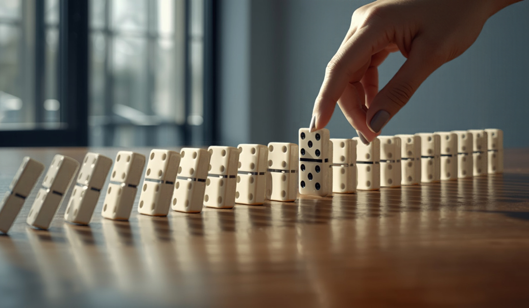 Hand stopping falling dominoes representing preventive HR and early intervention in workplace problems